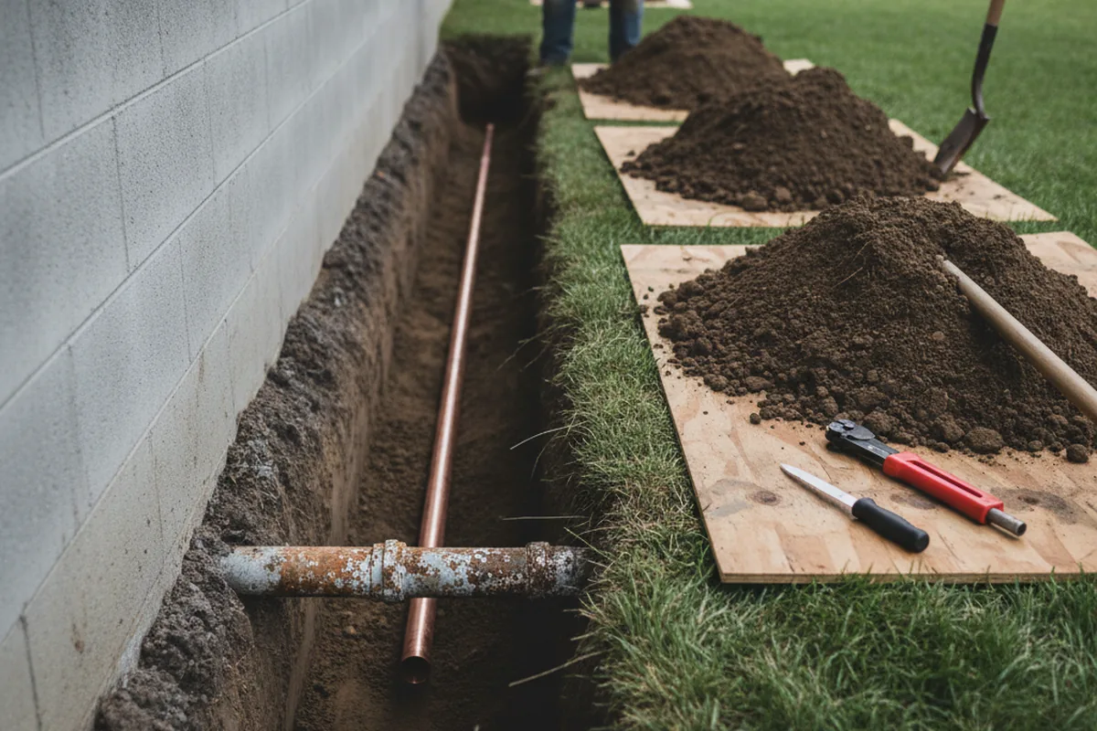 Excavated water line trench during Water Softener Installation in Honey Creek